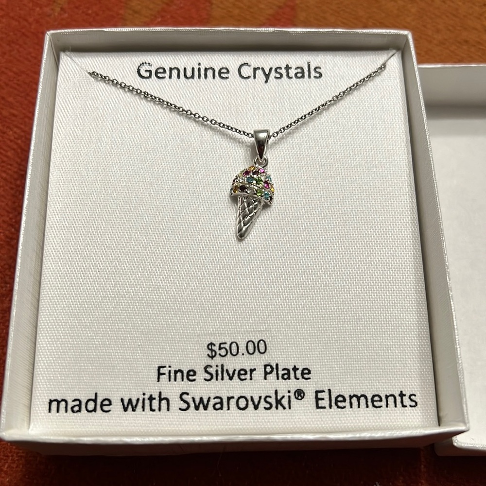 Silver Plated Swarovski Elements genuine crystals ice cream cone necklace.